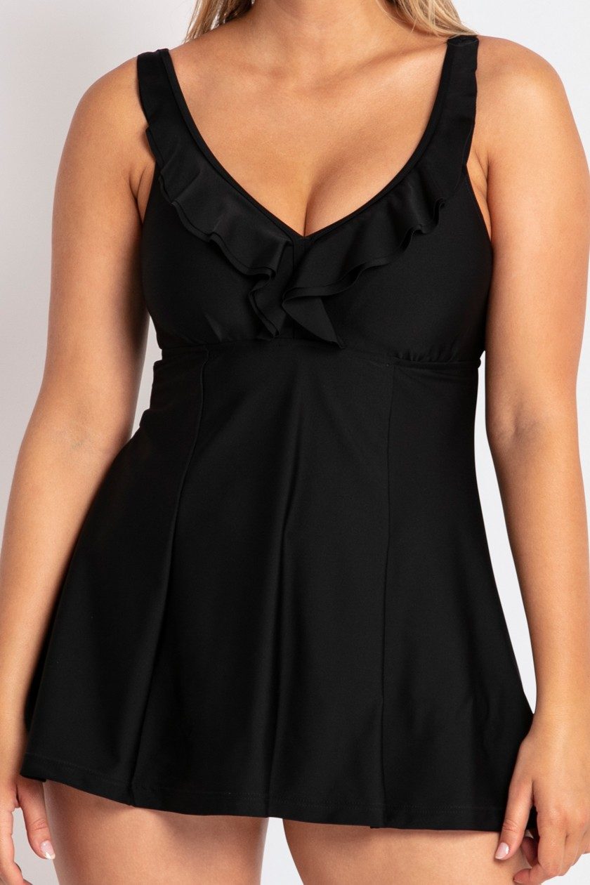 Jantzen Cosmopolitan Mesh Ruffle Swim Dress One Piece Black