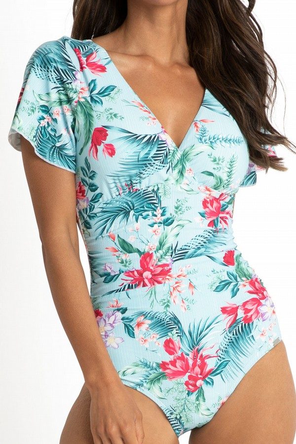 Green Flutter sleeve vneck bathing suit top & hi waisted floral