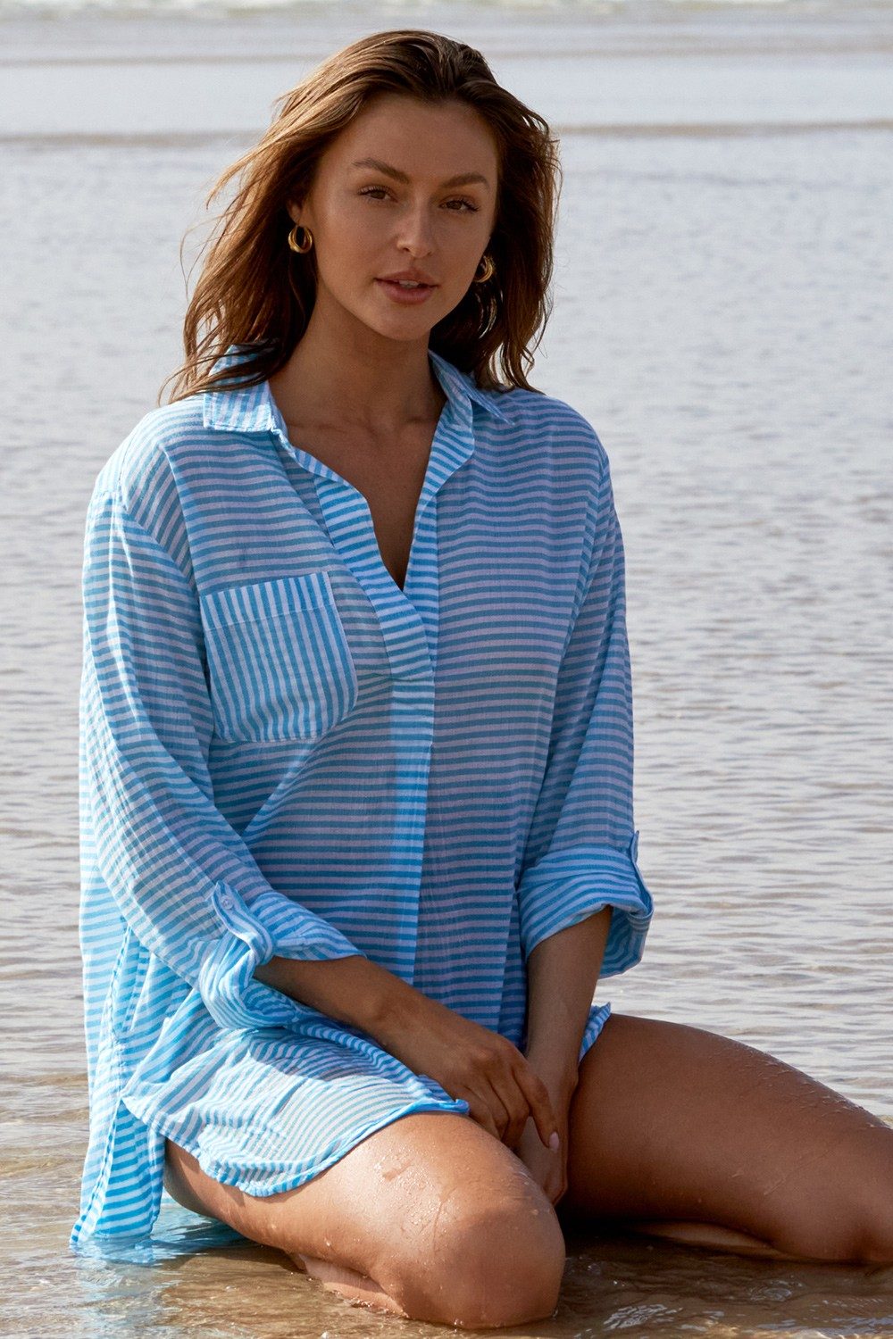 Summer Stripe Painters Shirt-Teal