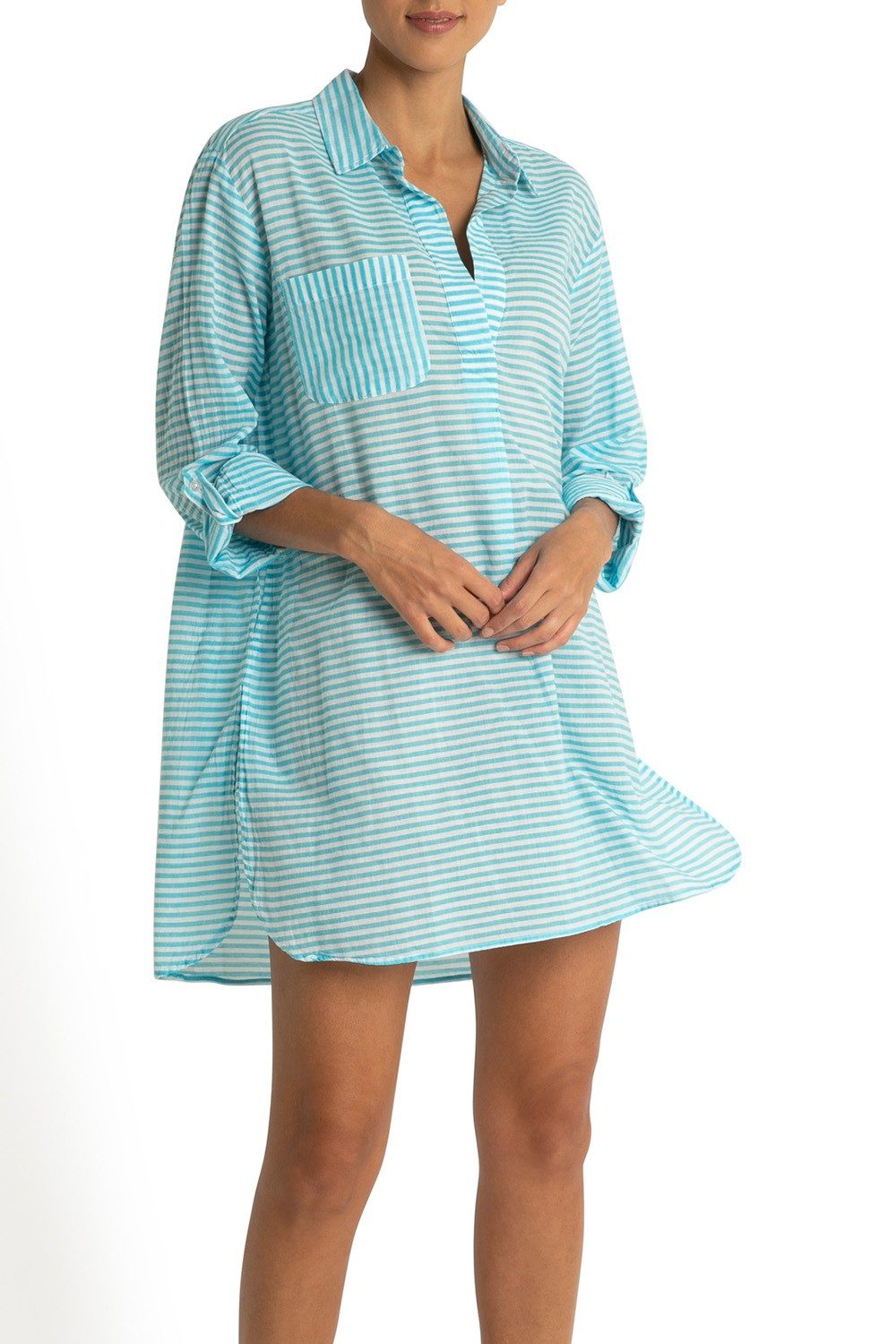 Summer Stripe Painters Shirt-Teal
