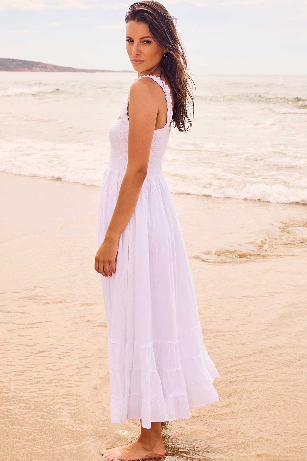 Coachella Shirred Sun Dress-White