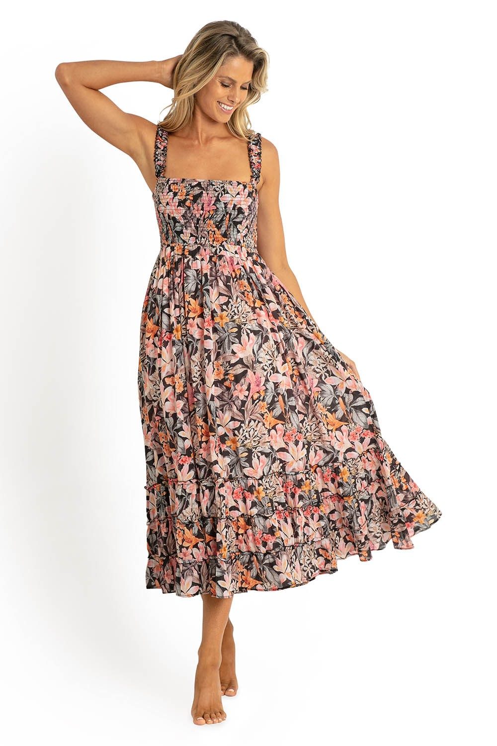 Rome Shirred Sun Dress-Black