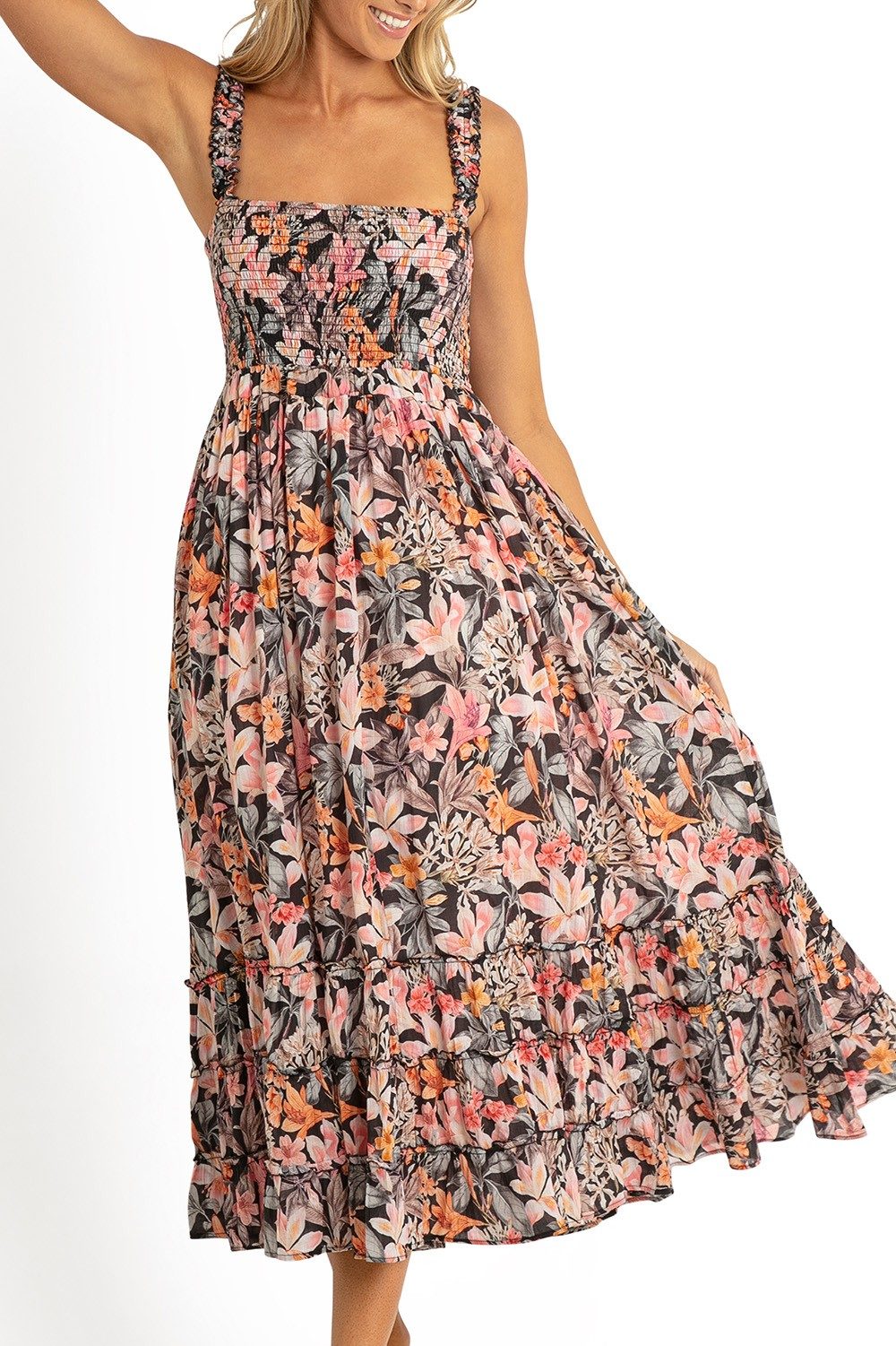 Rome Shirred Sun Dress-Black