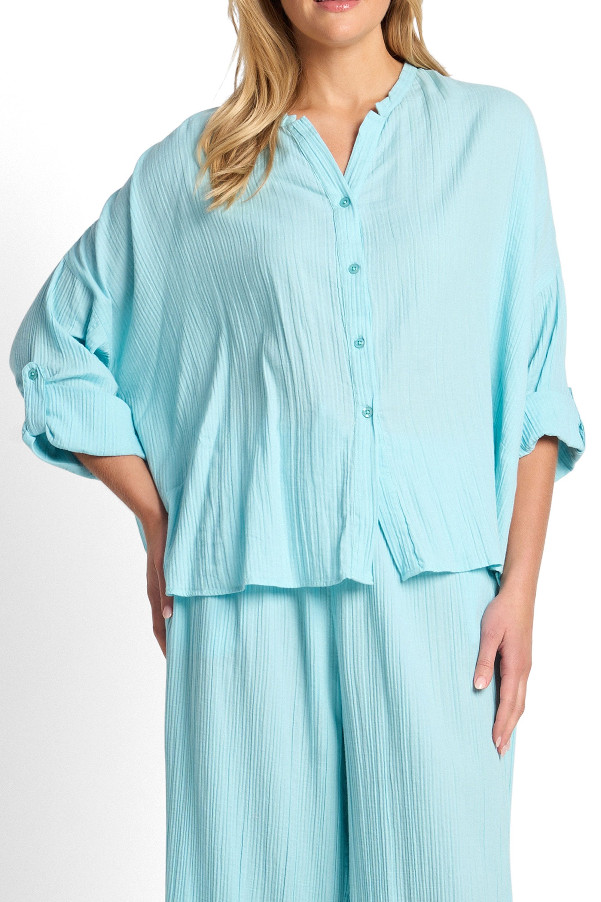 Vacation Soft Collar Button Shirt-Sky